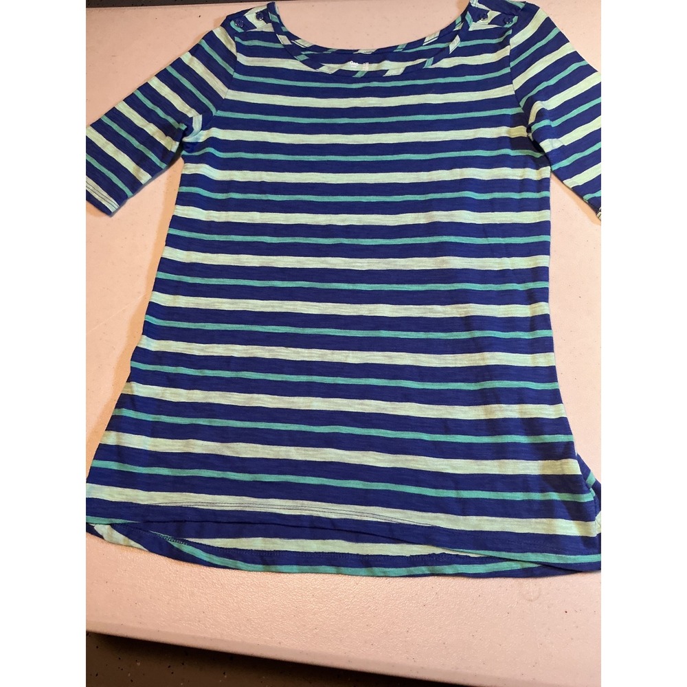 Gap Womens XS Blue Green Striped Scoop Neck Button Shoulder Knit Top Tee